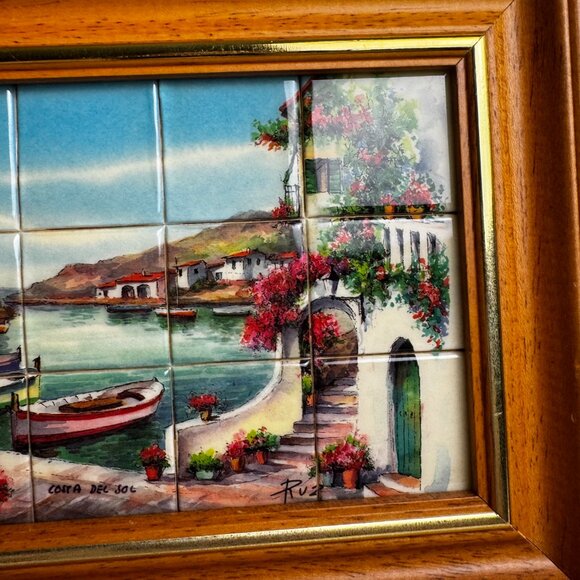 Glazed Tile 1.25" Paint of Mediterranean Coastal Scene Costa Del Sol Ruz Spain - Picture 14 of 14